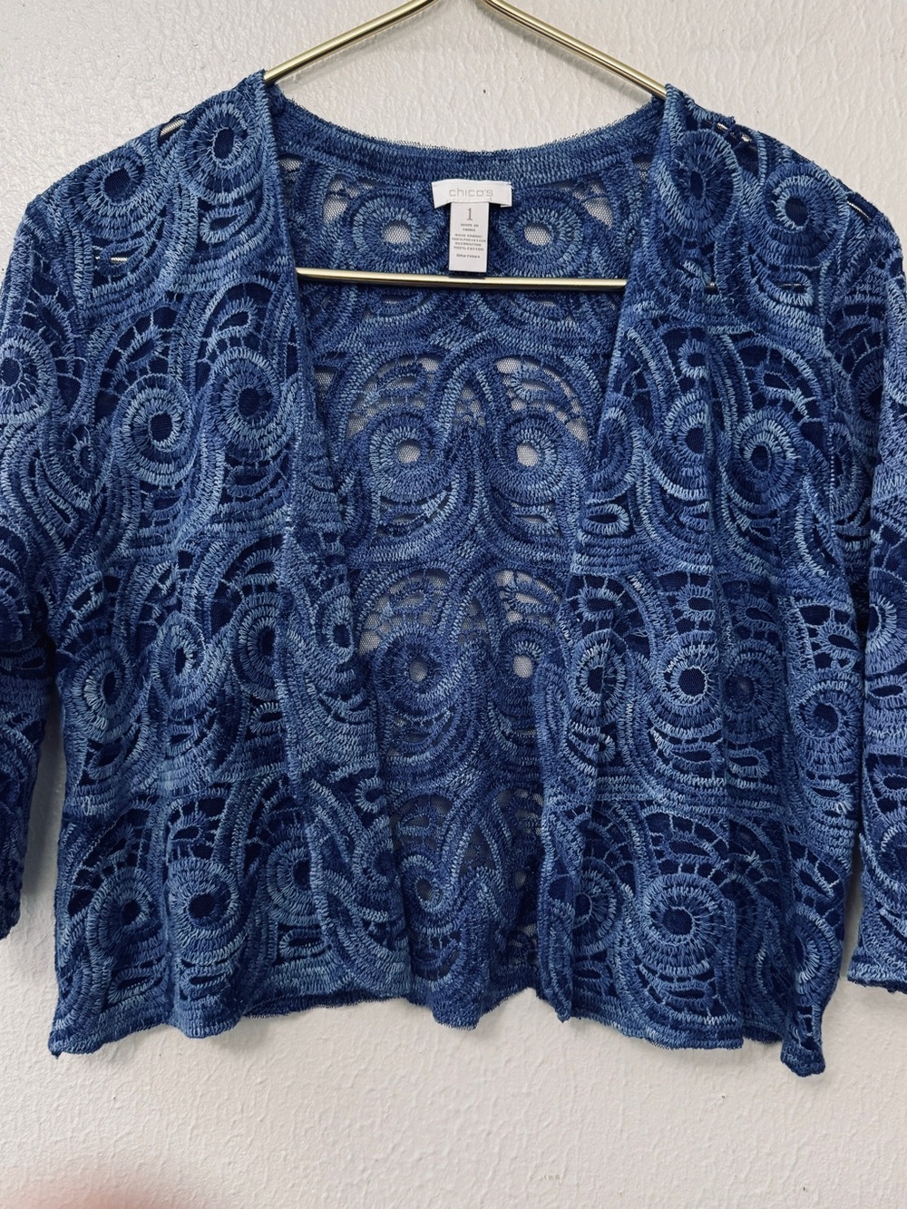 Chico's Blue Openwork Crochet Cardigan Sweater Size 1